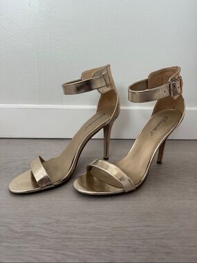 Metallic Pale Gold Ankle-Strap Stiletto Sandals